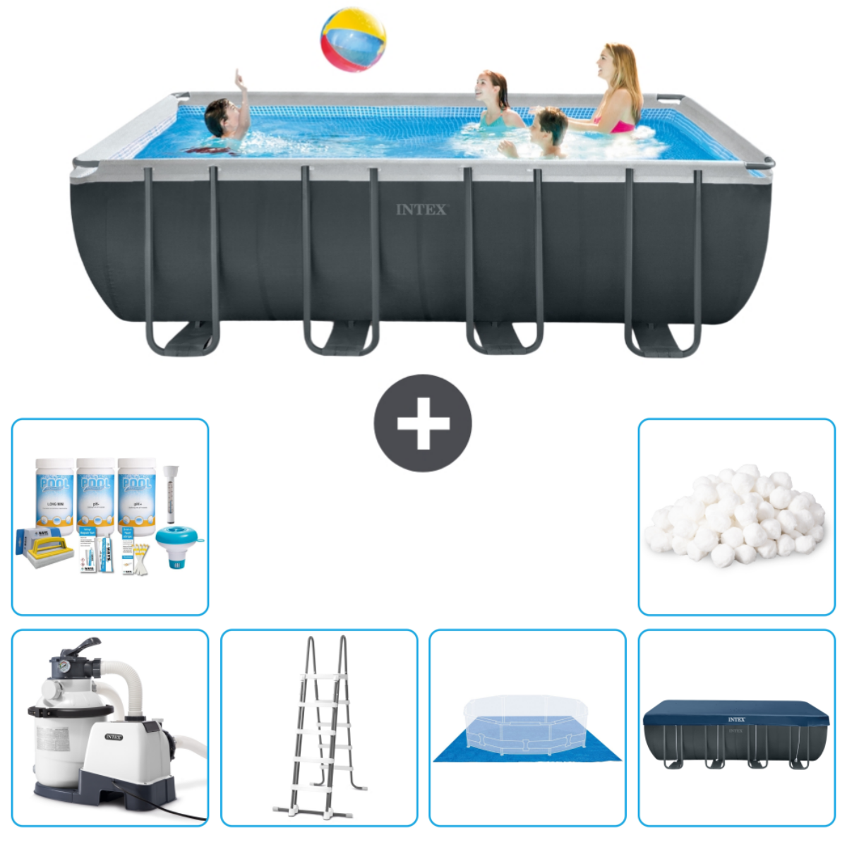 Mensen in een zwembad. Accessoires zijn schoonmaakartikelen, filter, ladder, hoes en meer. Het zwembad is grijs.