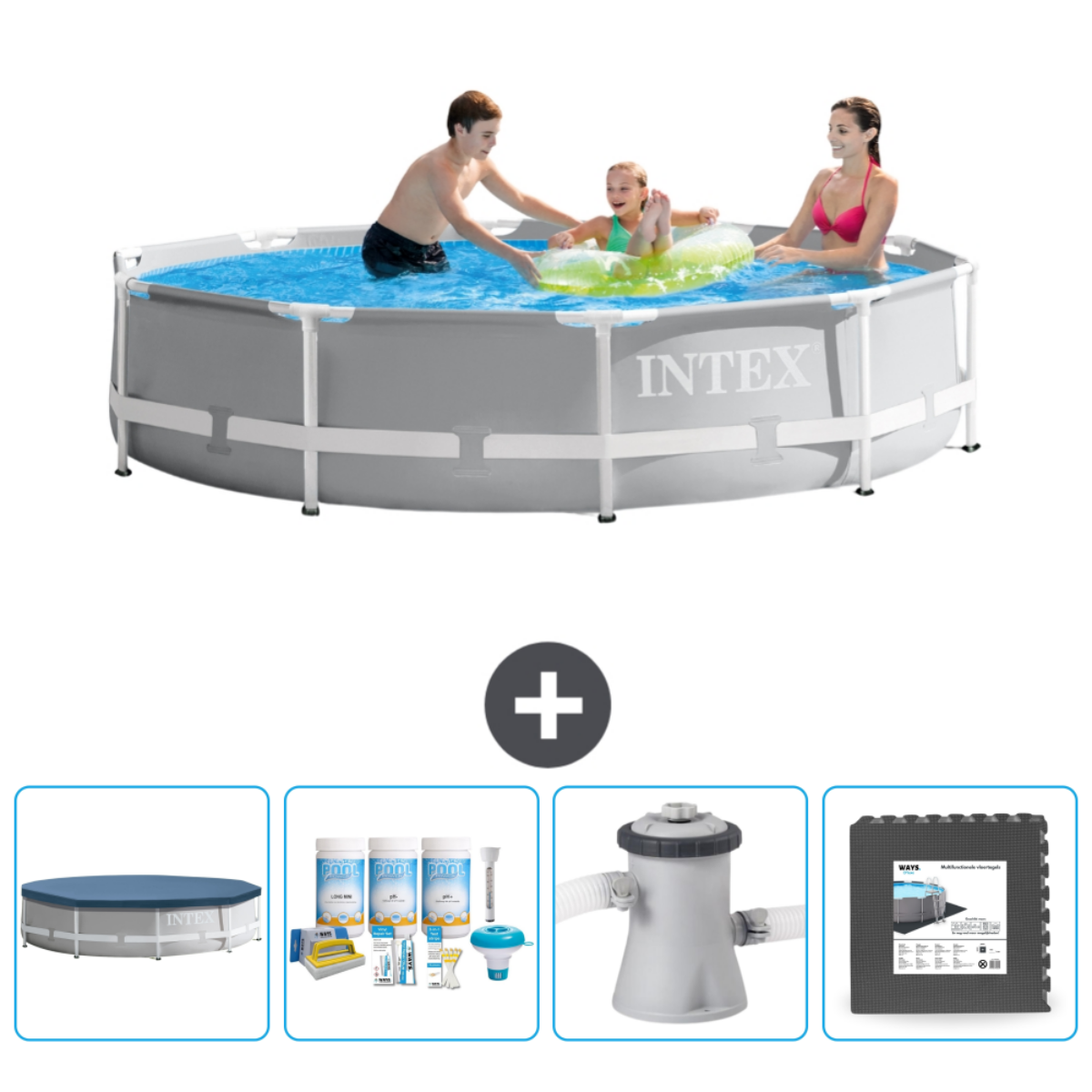 People in a pool with a ring. Accessories include chemicals, pump, and a cover.