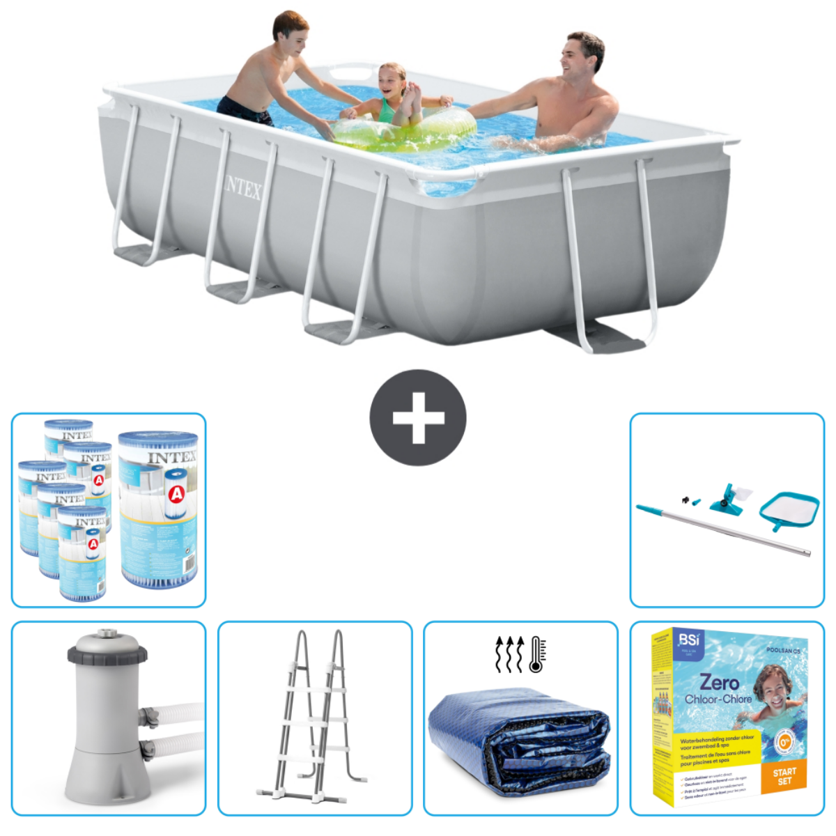 Des gens dans une piscine. Piscine et accessoires ci-dessous.