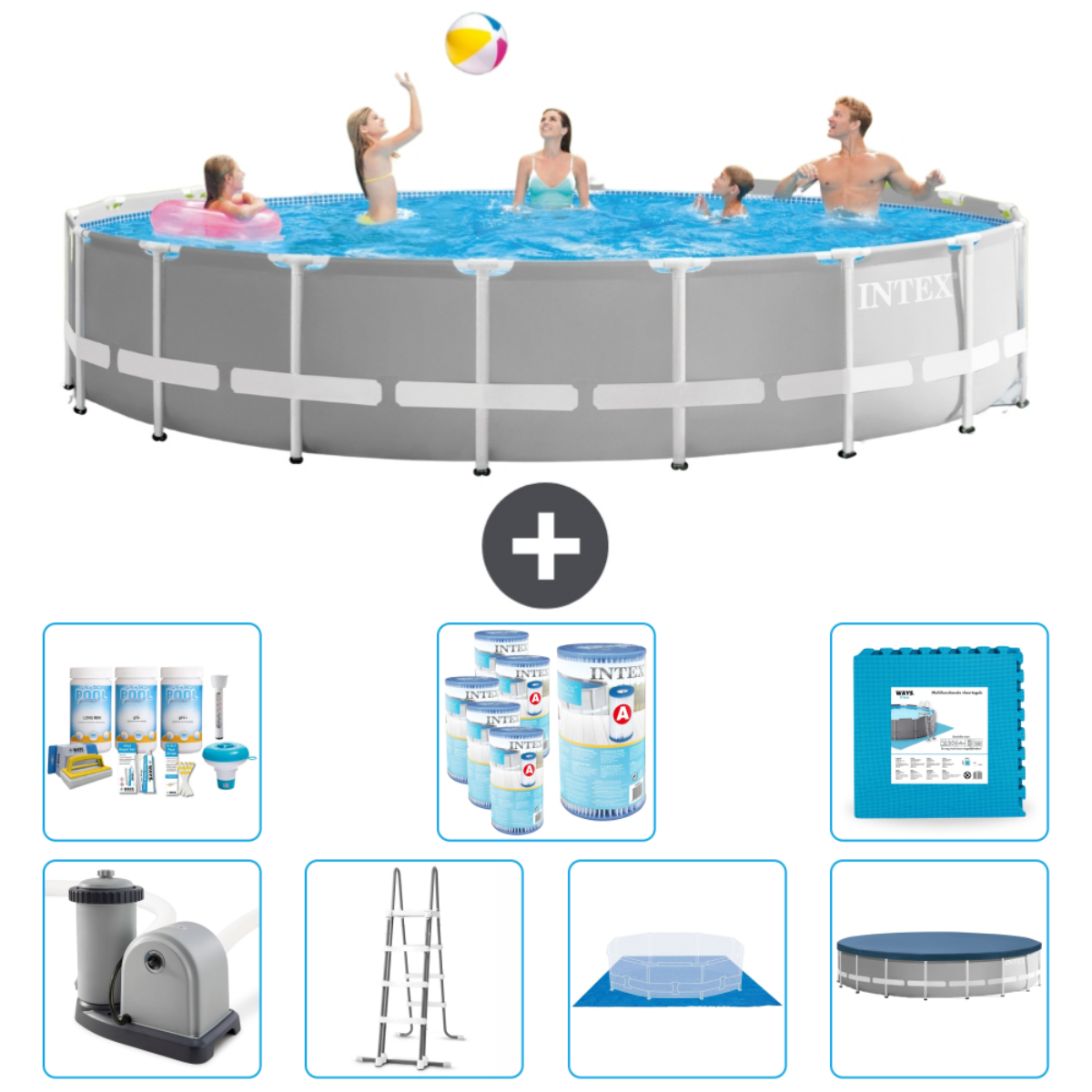 Des gens dans une piscine jouent avec un ballon. La piscine et ses accessoires sont présentés.