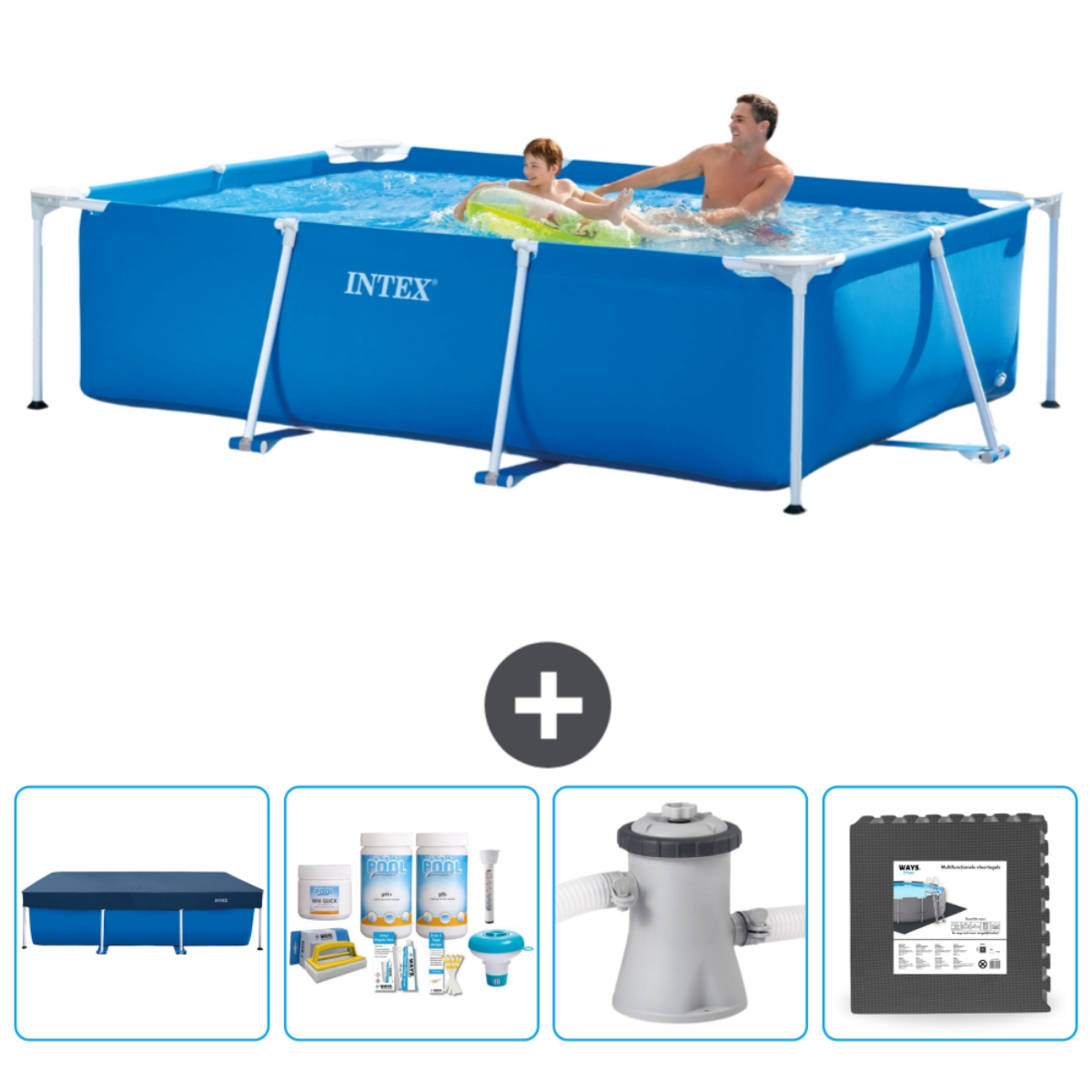 Intex zwembad met mensen, plus accessoires.