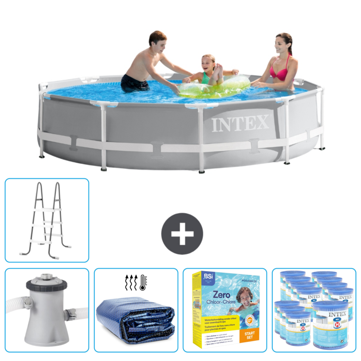 Gray Intex metal frame pool with people, accessories. Includes: ladder, filter, cover, chemicals, and heater.