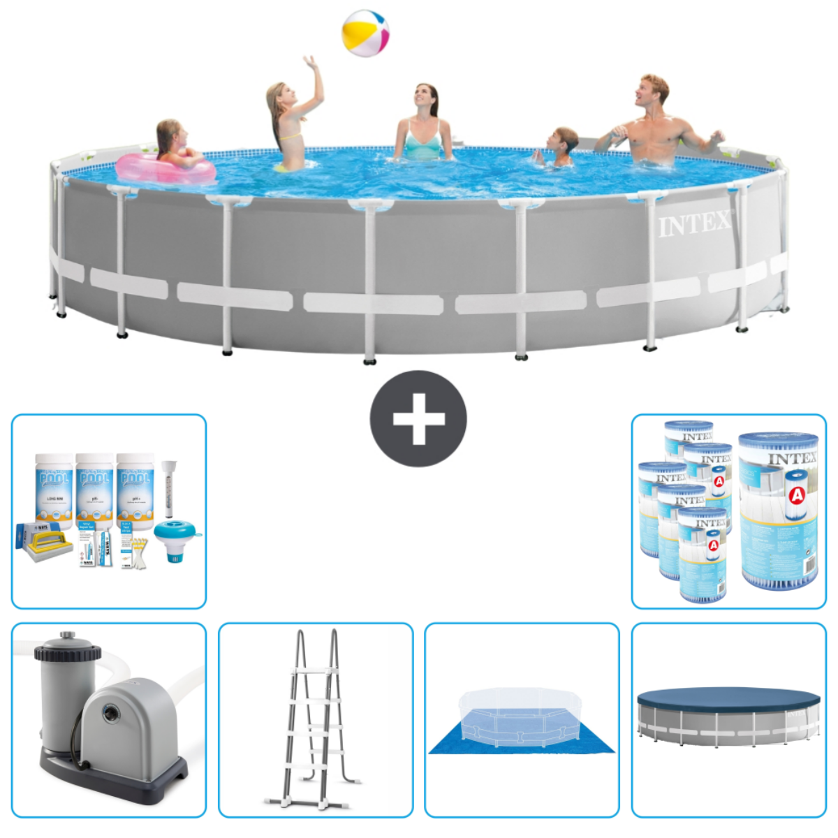 Zwembad met mensen en accessoires. Mensen in het zwembad die met een bal spelen.