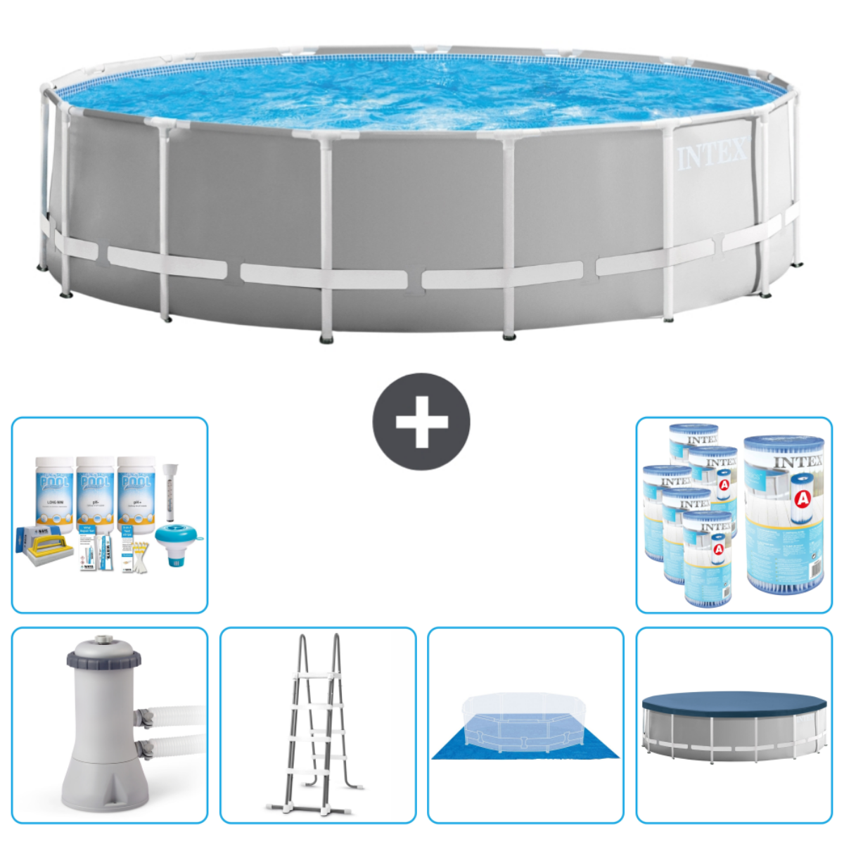 Grey Intex pool with accessories: filter, ladder, cover, chemicals. The pool is full of water.