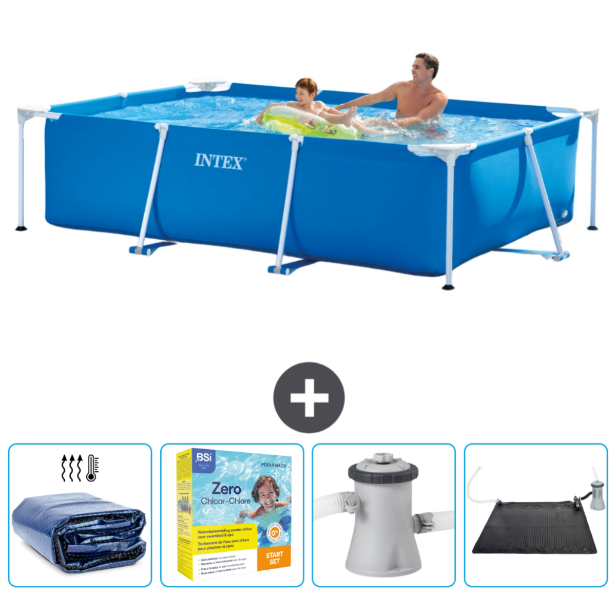 Piscine Intex rectangulaire bleue avec personnes, accessoires. Accessoires : couverture, produits chimiques, filtre et chauffage solaire.