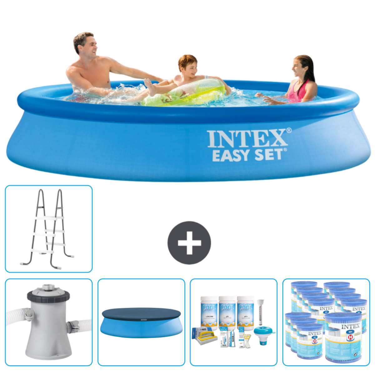 Blauw Intex Easy Set zwembad met drie personen. Inclusief ladder, filter, afdekking en chemicaliën.
