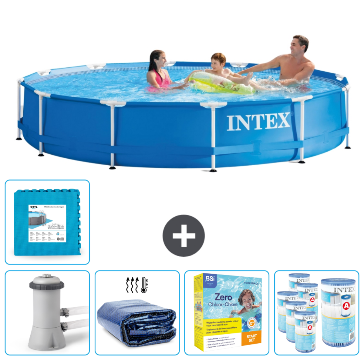 Des personnes dans une piscine ronde bleue avec accessoires, produits chimiques, couverture et tapis.