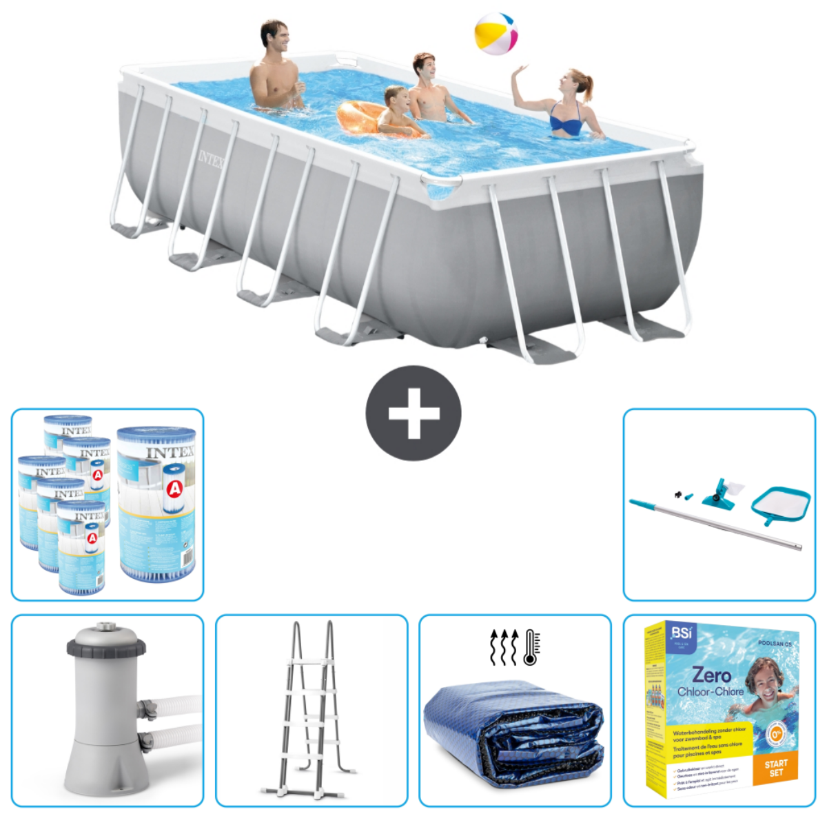Piscine Intex avec des personnes, plus des accessoires.