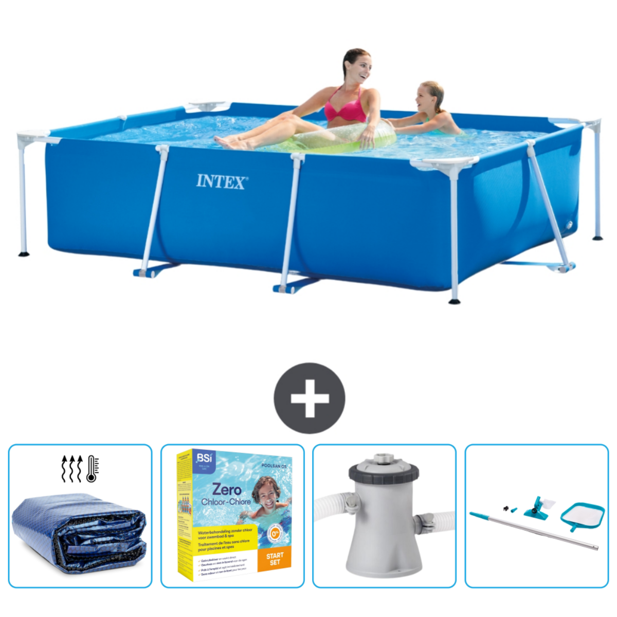 Mensen in een blauw zwembad. Accessoires zijn filter, afdekzeil, chemicaliën en schoonmaakgereedschap.
