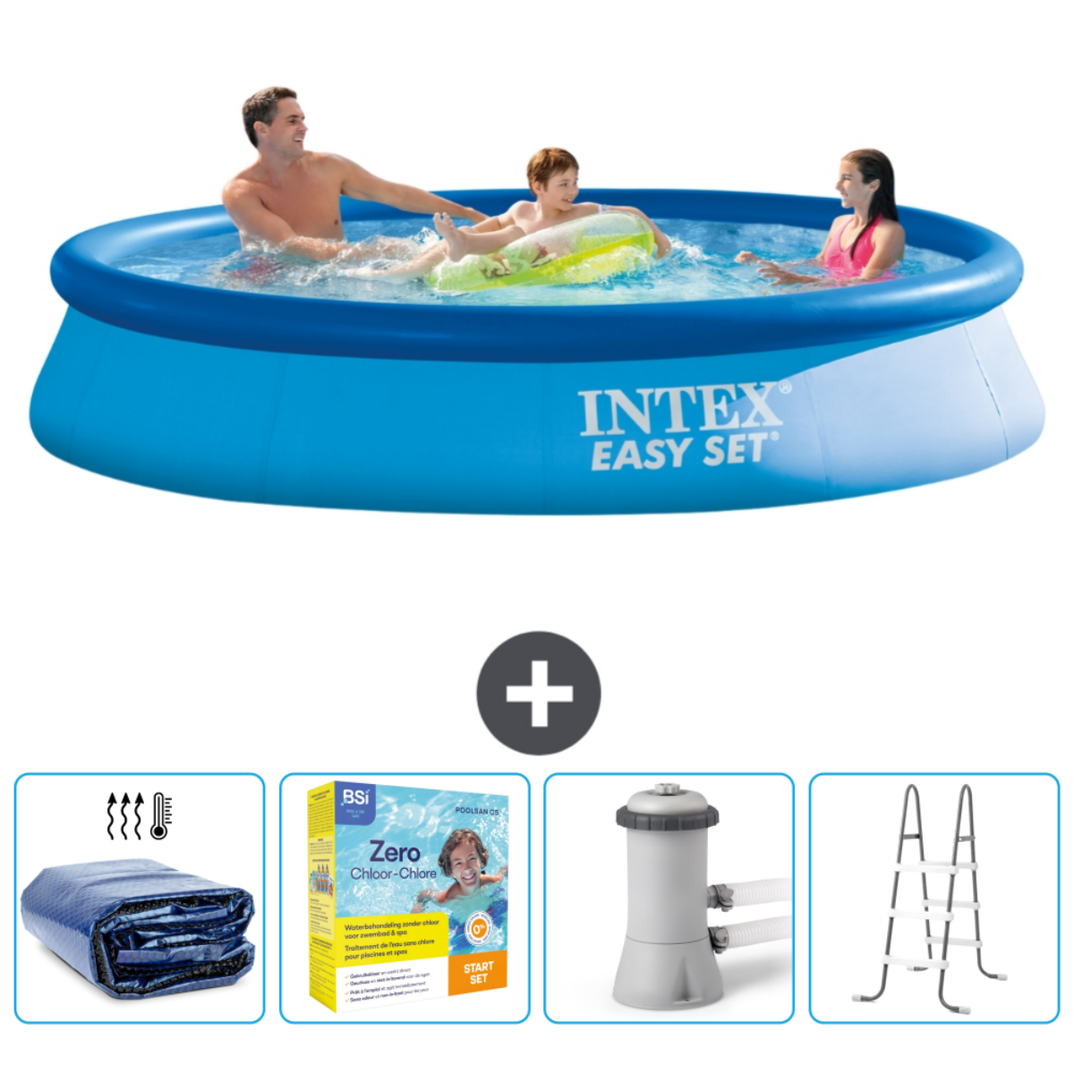 Des gens dans une piscine Intex Easy Set avec accessoires. Les accessoires incluent des produits chimiques et une échelle.