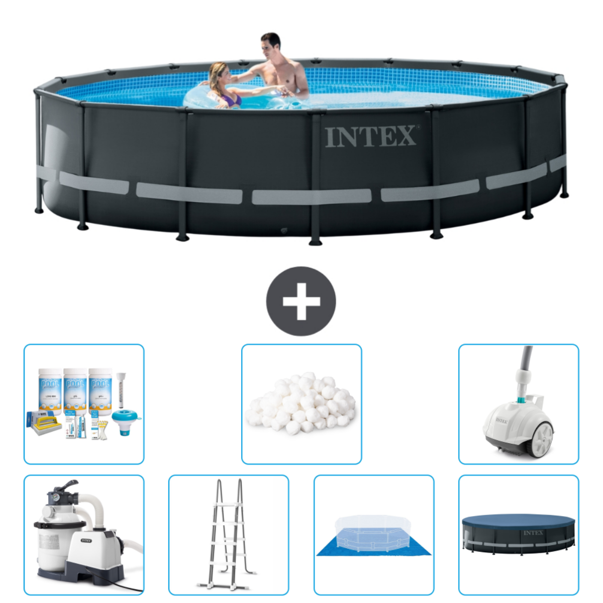 Une piscine Intex gris foncé avec des personnes à l'intérieur. Les accessoires incluent des produits de nettoyage et une bâche de piscine.