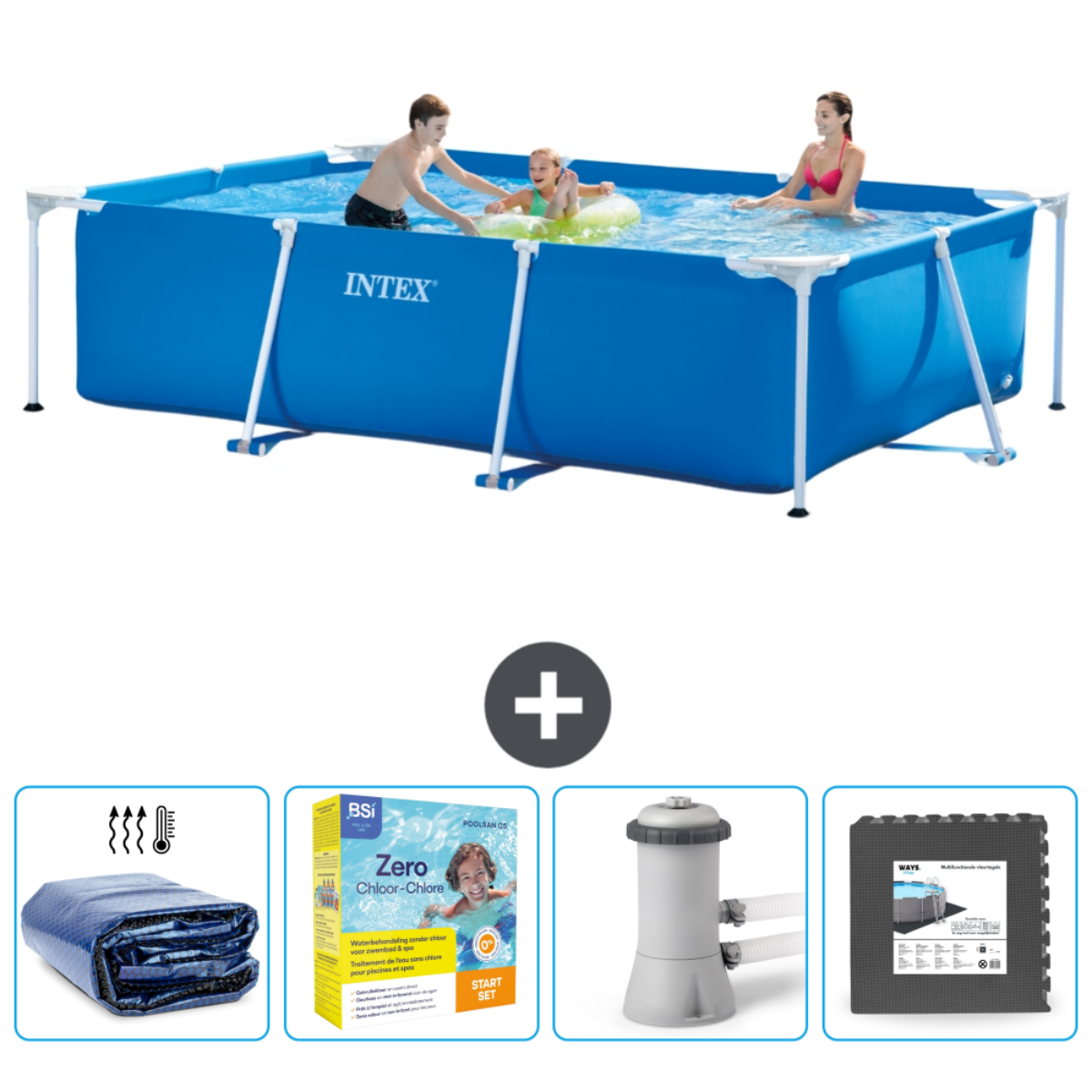 People swim in a blue Intex pool. Accessories include a cover, chemicals, filter, and foam tiles.
