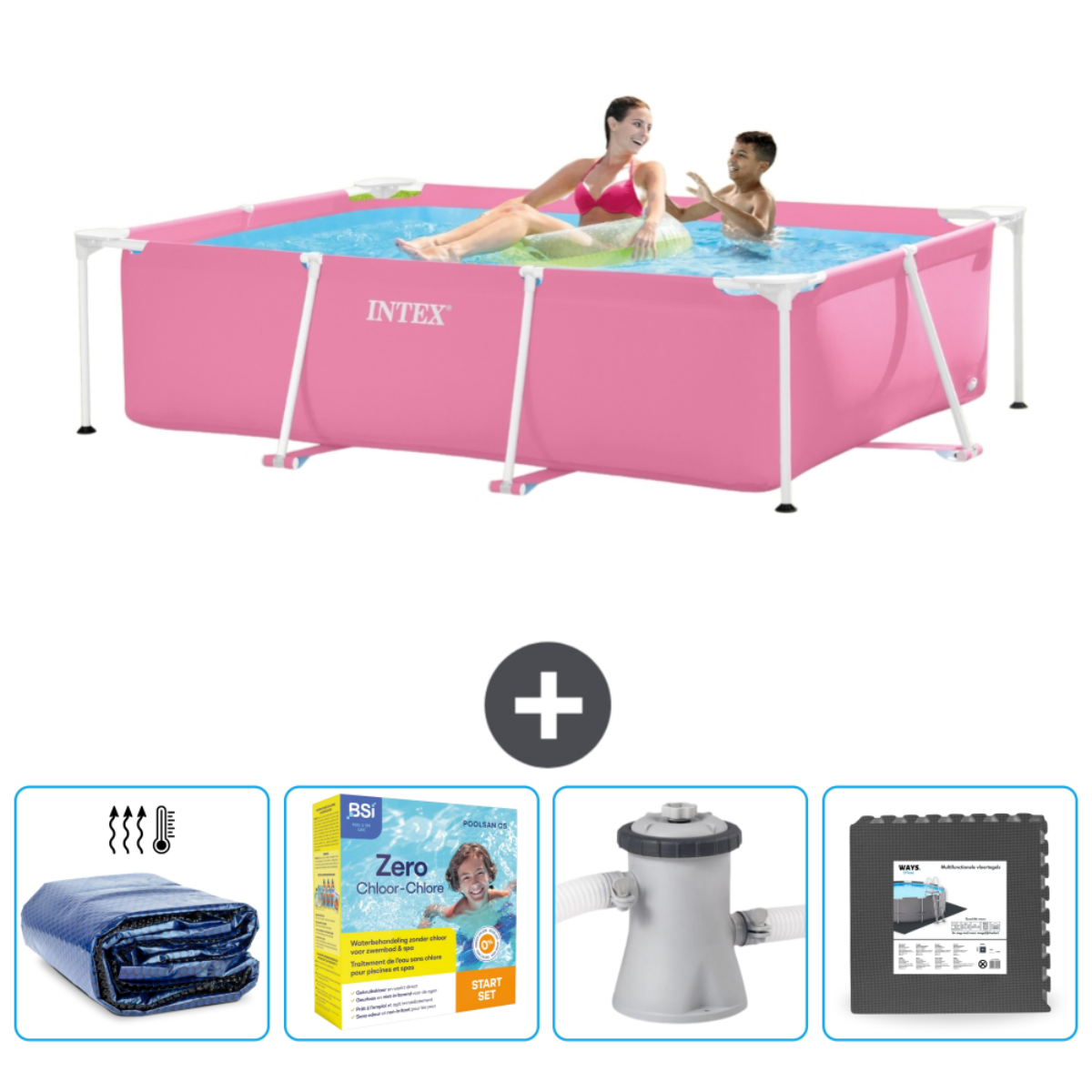 People in a pink rectangular pool, plus cover, chemicals, filter, and pool mat.