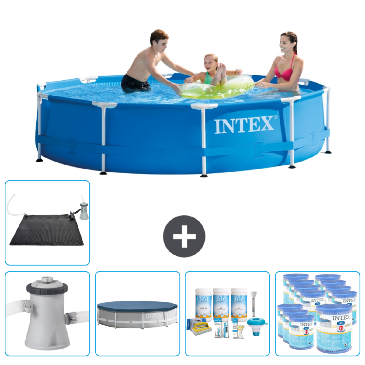 Blauw Intex zwembad met mensen die in het water spelen. Accessoires: zonnezeil, pomp, filter, chemicaliën.