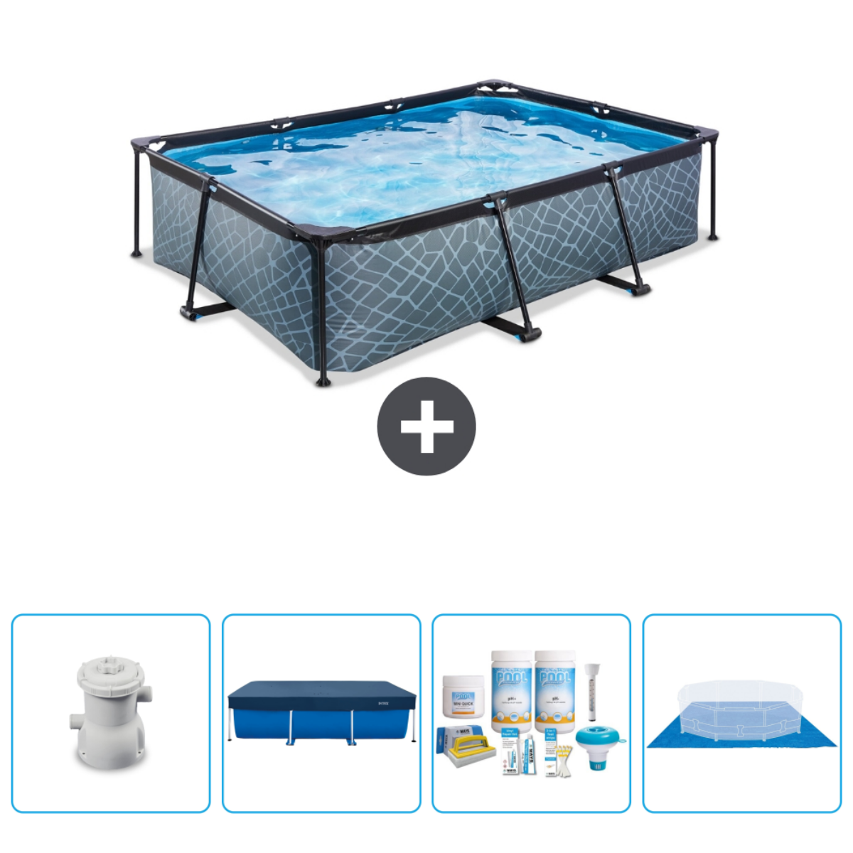 Een rechthoekig zwembad met accessoires hieronder.