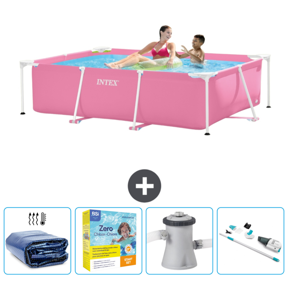Roze Intex metalen frame zwembad met twee personen. Inclusief afdekking, chemicaliën en reinigingsgereedschap.