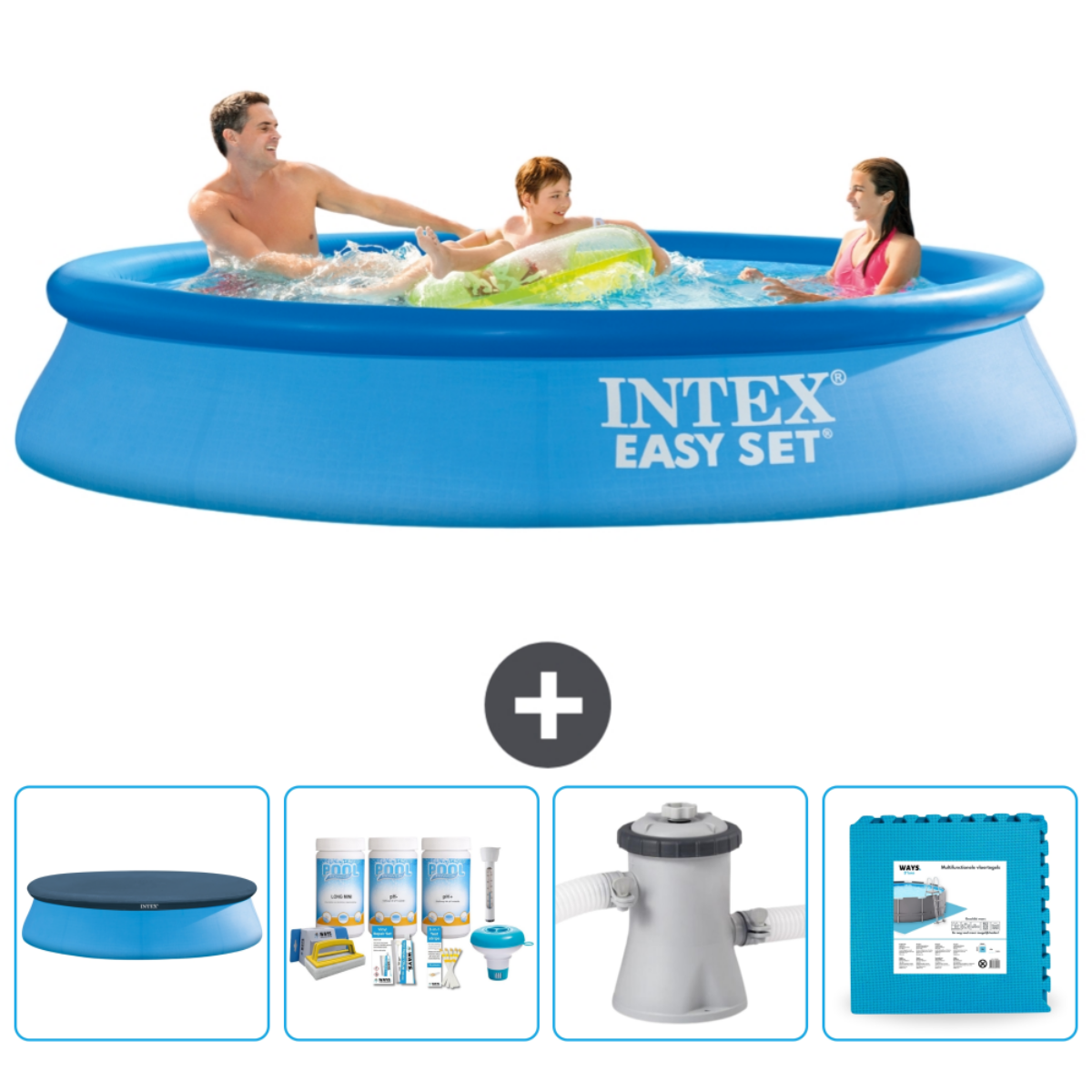 Mensen in een Intex Easy Set zwembad met accessoires. Accessoires zijn zwembadafdekking, chemicaliën en ladder.