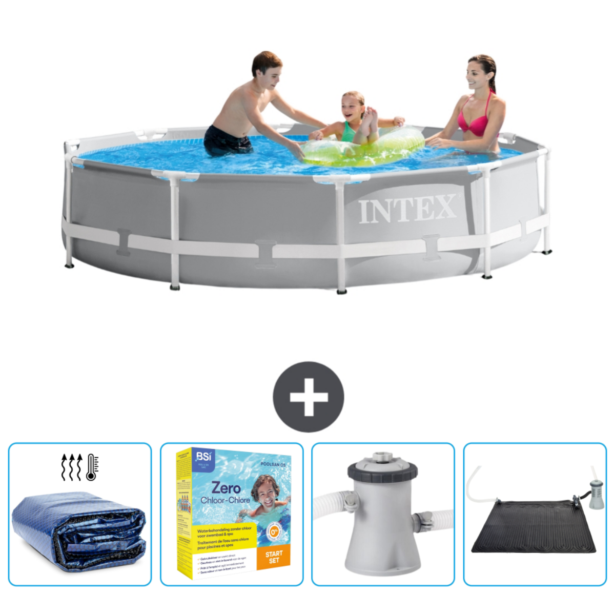 Mensen in een zwembad met accessoires. Accessoires: afdekzeil, chemicaliën, filter en zonneboiler.