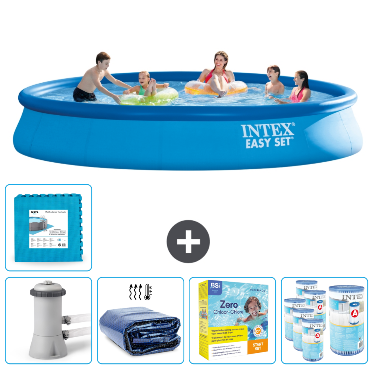 Des gens dans une piscine Intex Easy Set, plus des accessoires. Produits chimiques, outils de nettoyage, filtre, thermomètre, couverture et tapis sont montrés.