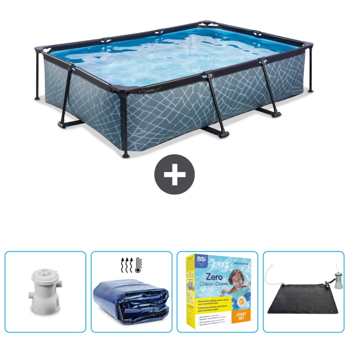 Rechthoekig zwembad met accessoires. Inclusief filter, afdekzeil en chemicaliën.