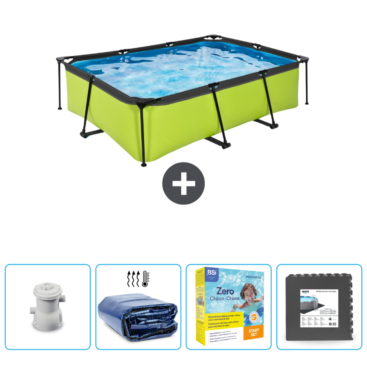 Groen rechthoekig zwembad met water, plus zwembadaccessoires eronder.