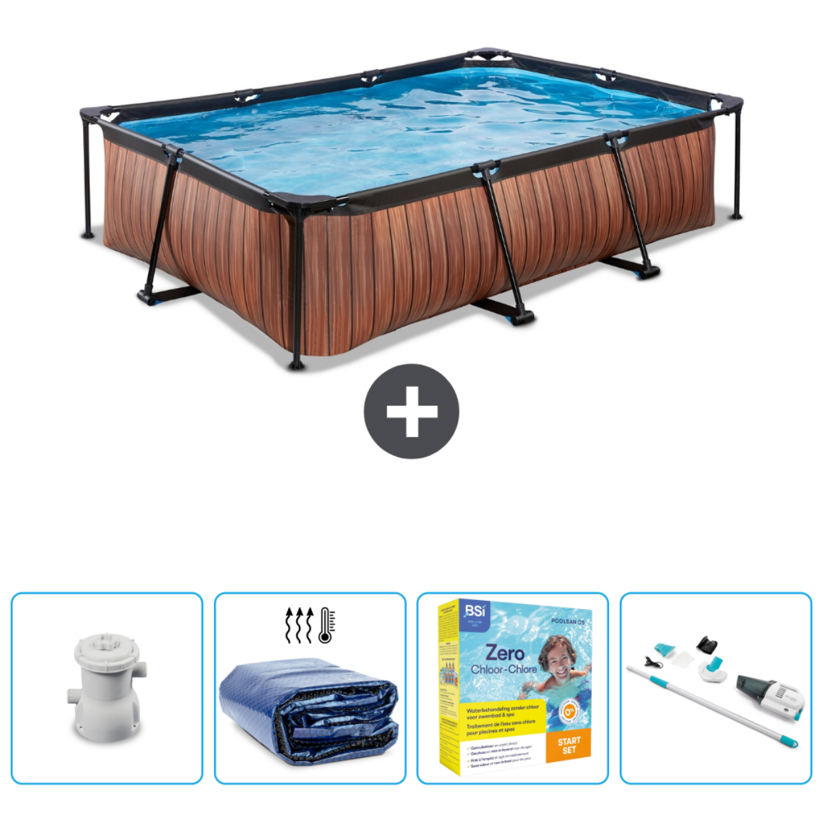 Mensen in een rechthoekig zwembad met houtlook, plus afdekzeil, chemicaliën, filter en reinigingsset.