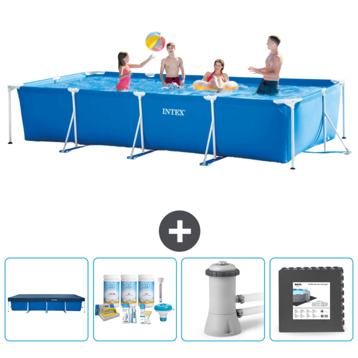 Mensen in een blauw zwembad spelen met een bal. Zwembad en accessoires zijn afgebeeld.