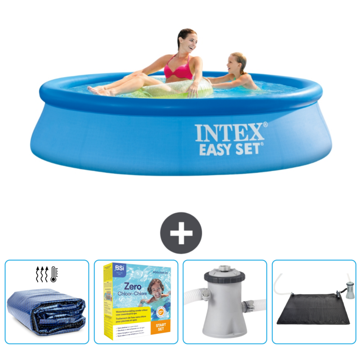 Des gens dans une piscine ronde bleue, plus accessoires comme couverture, produits chimiques et chauffe-eau solaire.