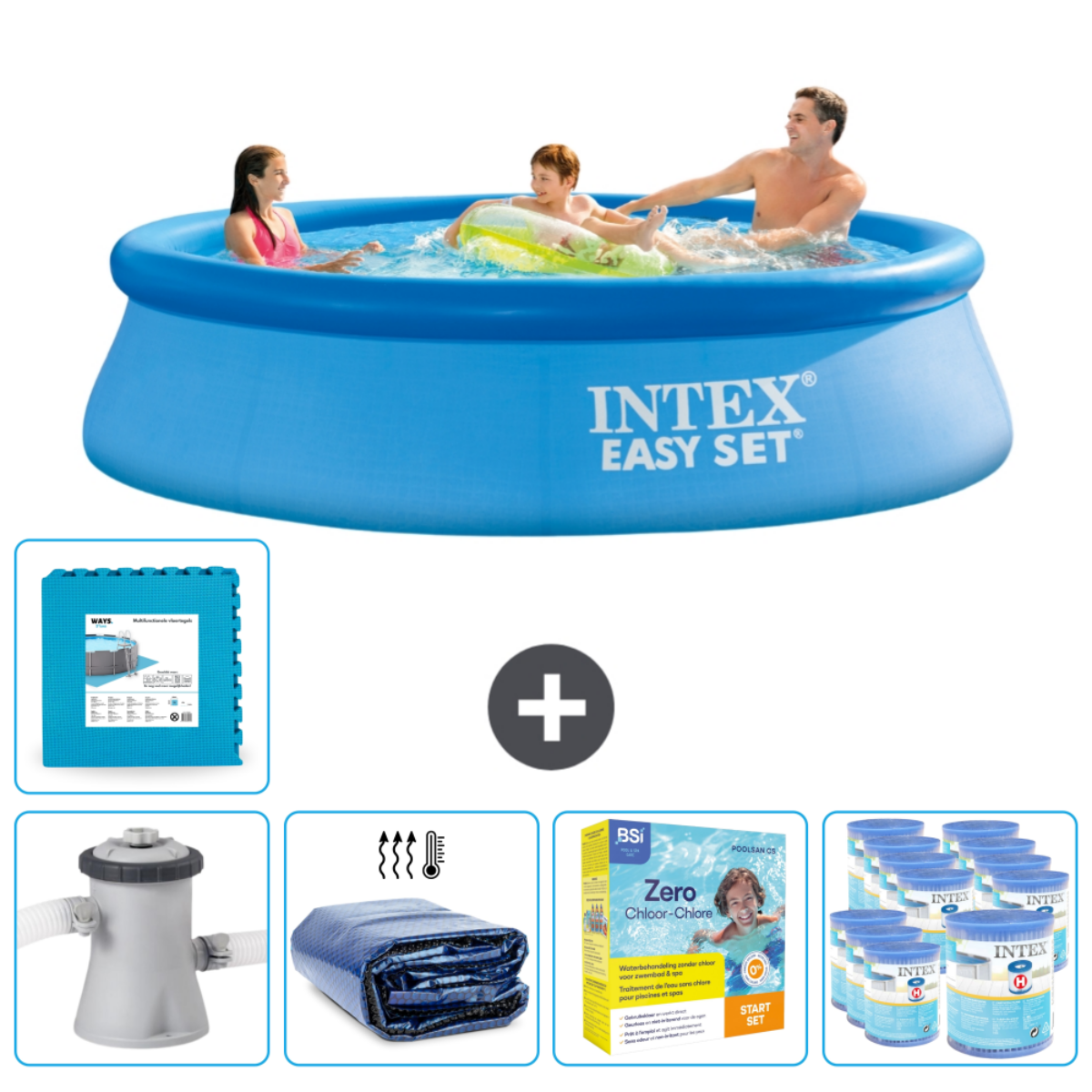 Des gens dans la piscine Intex Easy Set avec accessoires. L'ensemble comprend des produits chimiques, une couverture et une pompe.