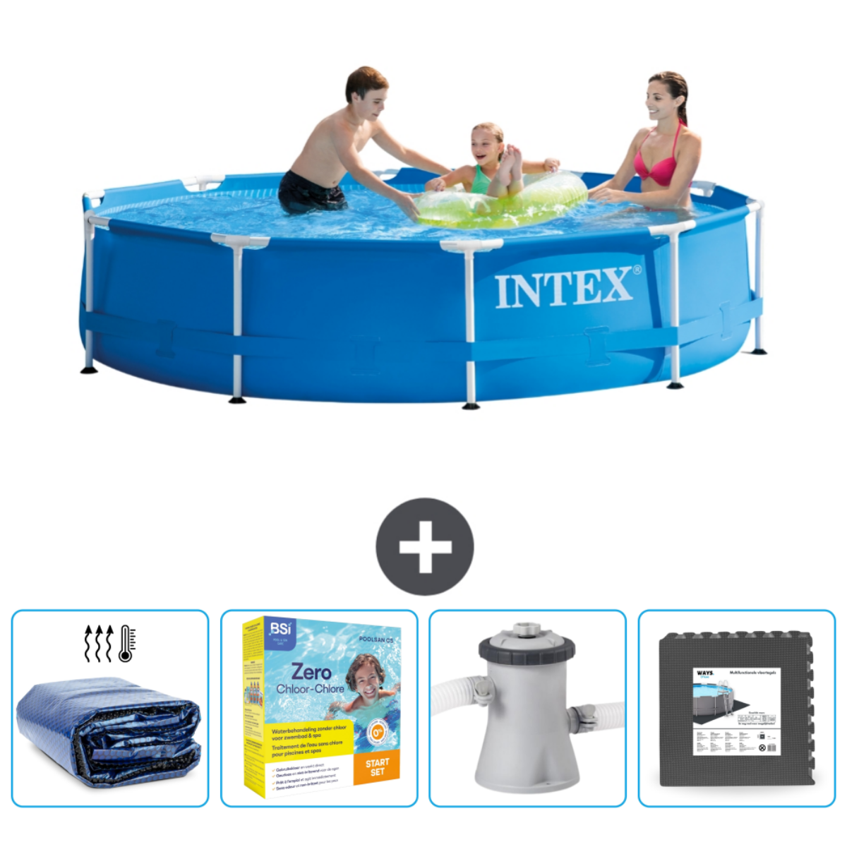 Blauw Intex-zwembad met mensen. Accessoires: chemicaliën, pomp, afdekking en vloermatten.