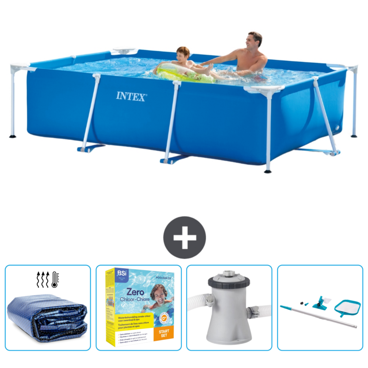 Mensen spelen in een Intex-zwembad, plus accessoires. Chemicaliën, schoonmaakgereedschap, filter, afdekking en thermometer worden getoond.