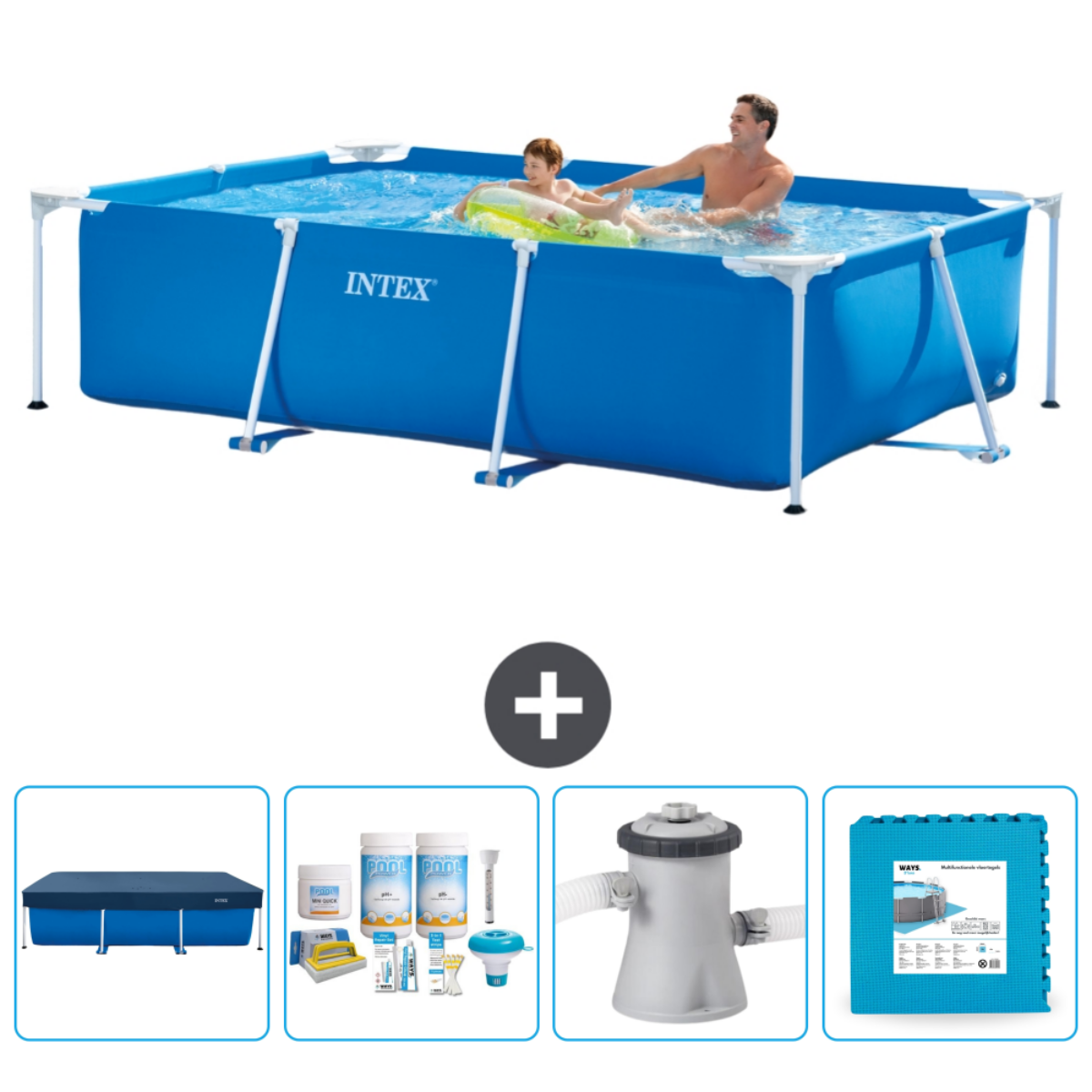 Mensen in een zwembad met accessoires. Mensen in een blauw zwembad met accessoires.