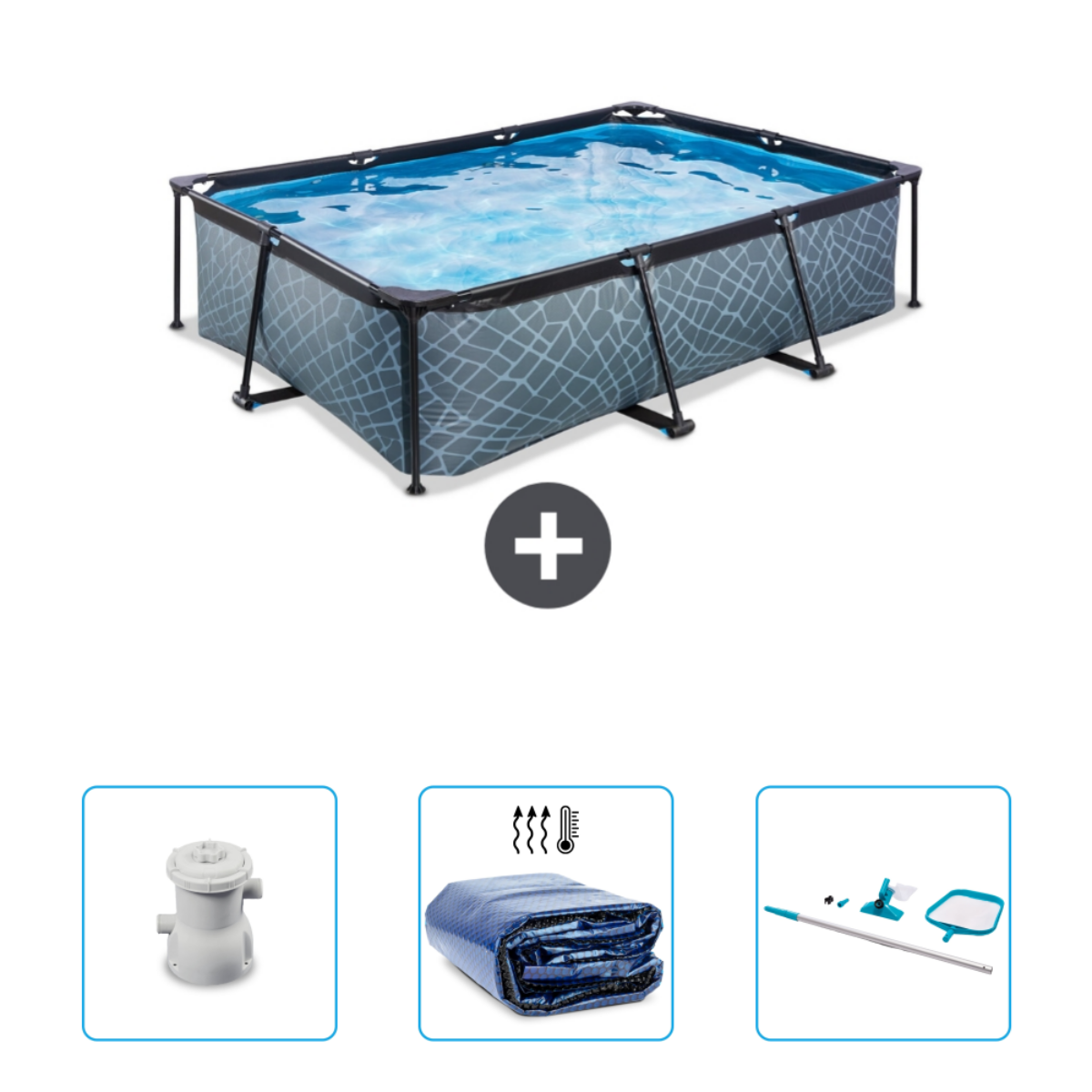 Ein rechteckiger Pool mit Zubehör, einschließlich Filter und Poolabdeckung, vor weißem Hintergrund.