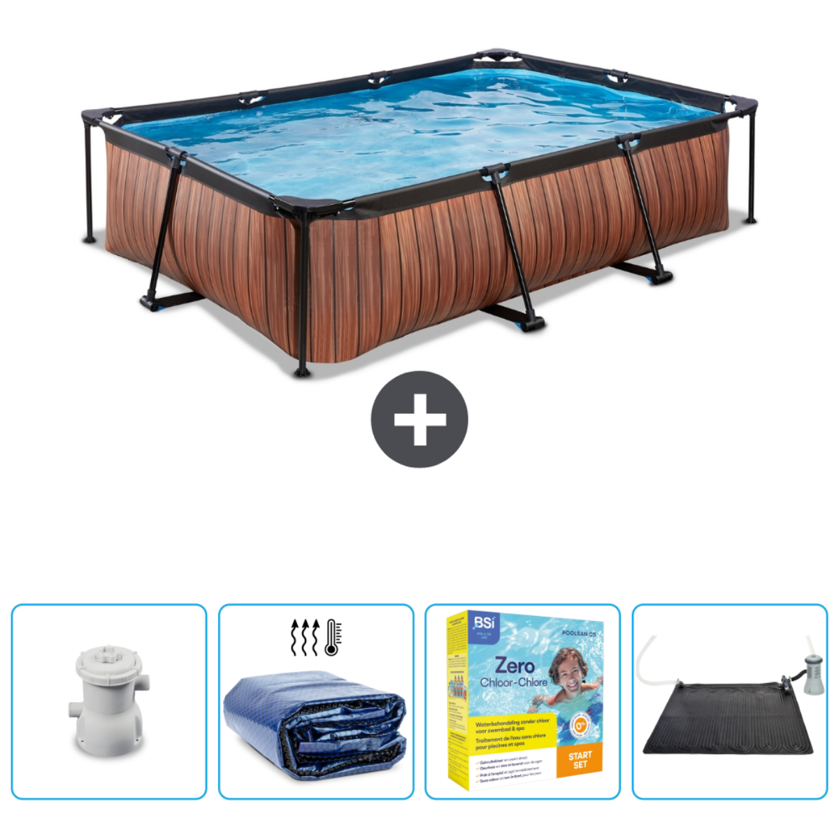 Une piscine aspect bois avec accessoires: filtre, bâche, produits chimiques et chauffage solaire.