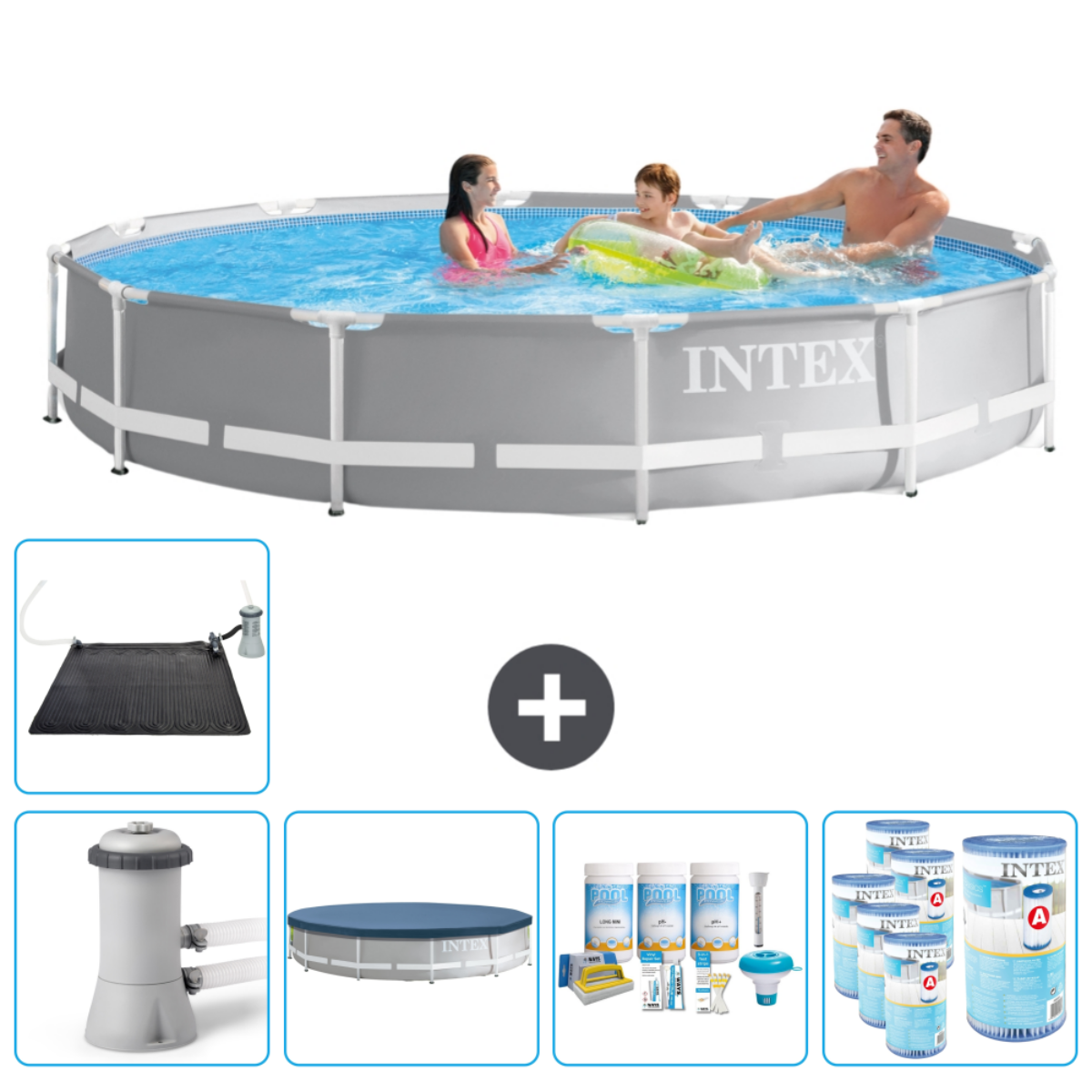 Mensen spelen in een Intex-zwembad, plus accessoires. Chemicaliën, schoonmaakgereedschap, filter, afdekking en zonnemat worden getoond.