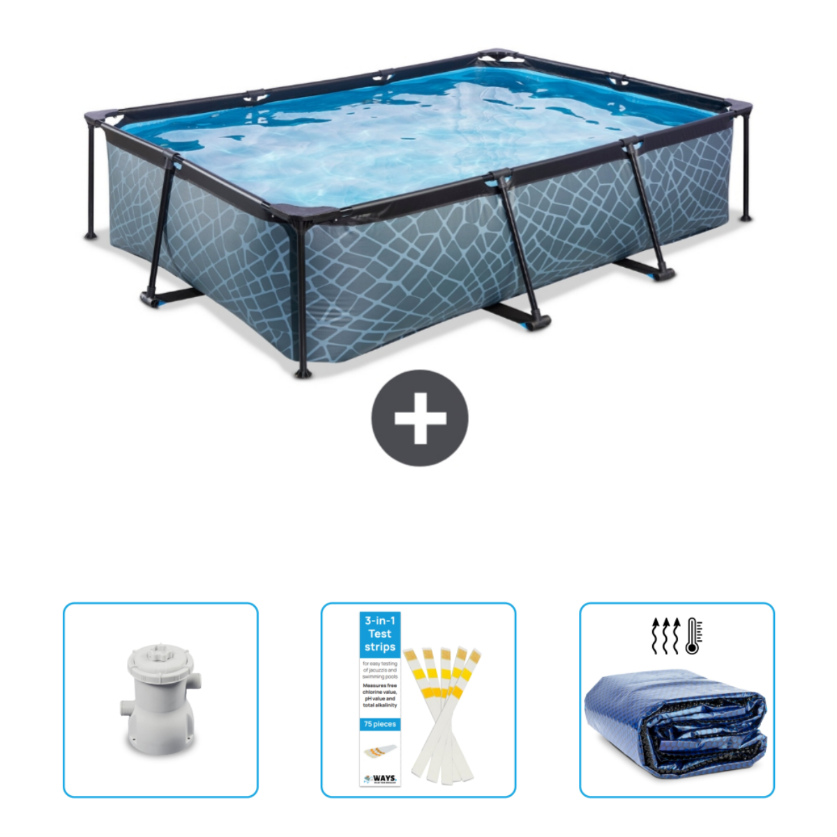 Rechthoekig grijs Intex zwembad met accessoires. Inclusief filter, teststrips en afdekking.