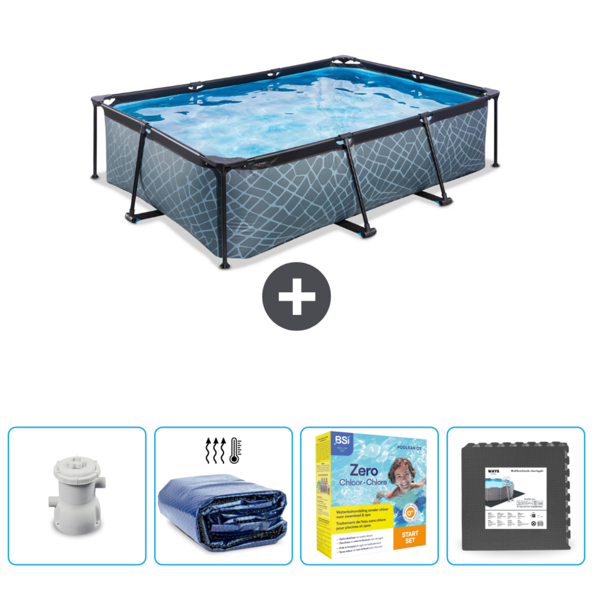 Rechthoekig grijs Intex zwembad met accessoires. Inclusief afdekking, chemicaliën, filter en mat.