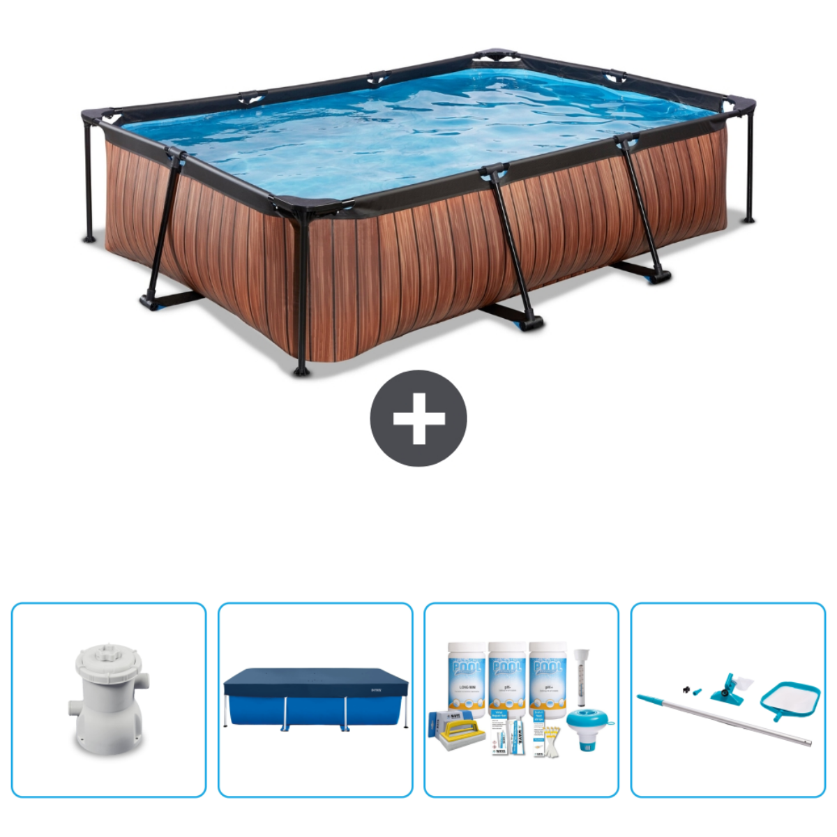 Piscine avec panneaux en bois et accessoires. Comprend un filtre, une bâche et des outils de nettoyage.