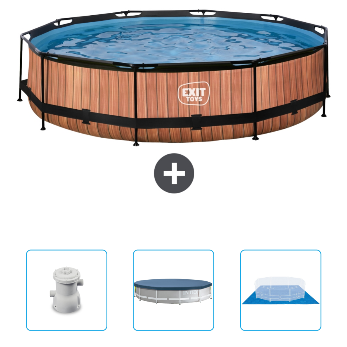 Großer Pool in Holzoptik mit Zubehör: Pumpe, Abdeckung und Matte. Pluszeichen in der Mitte.