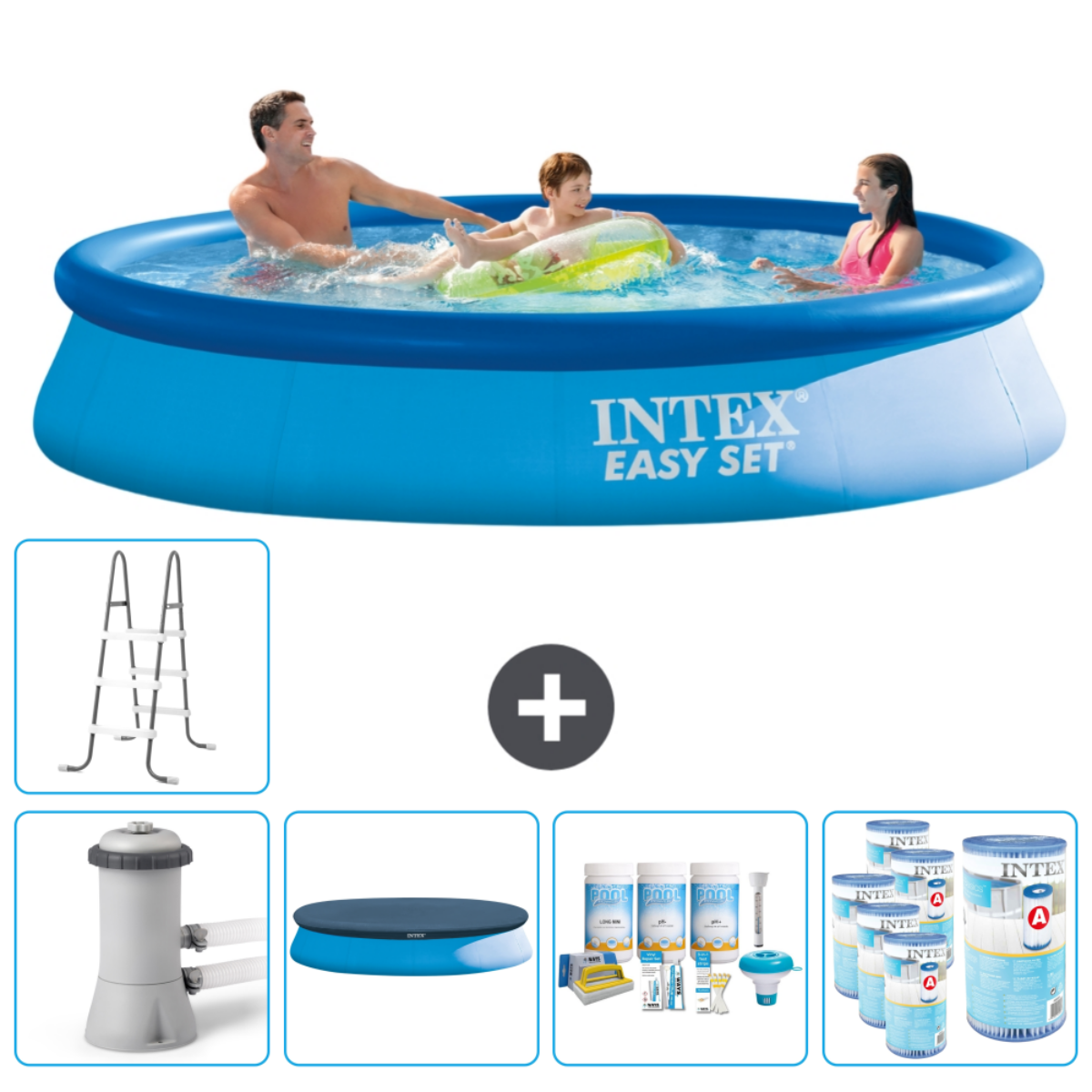 Piscine gonflable bleue Intex avec des personnes et des accessoires comme une échelle et des produits de nettoyage.
