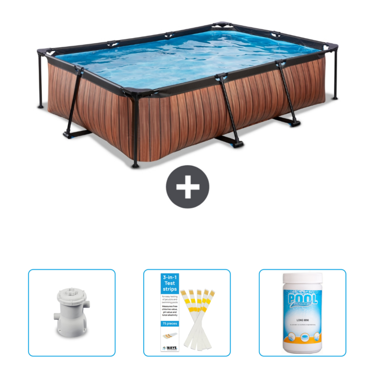 Rechthoekig bruin-zwart Intex zwembad met accessoires. Witte achtergrond.