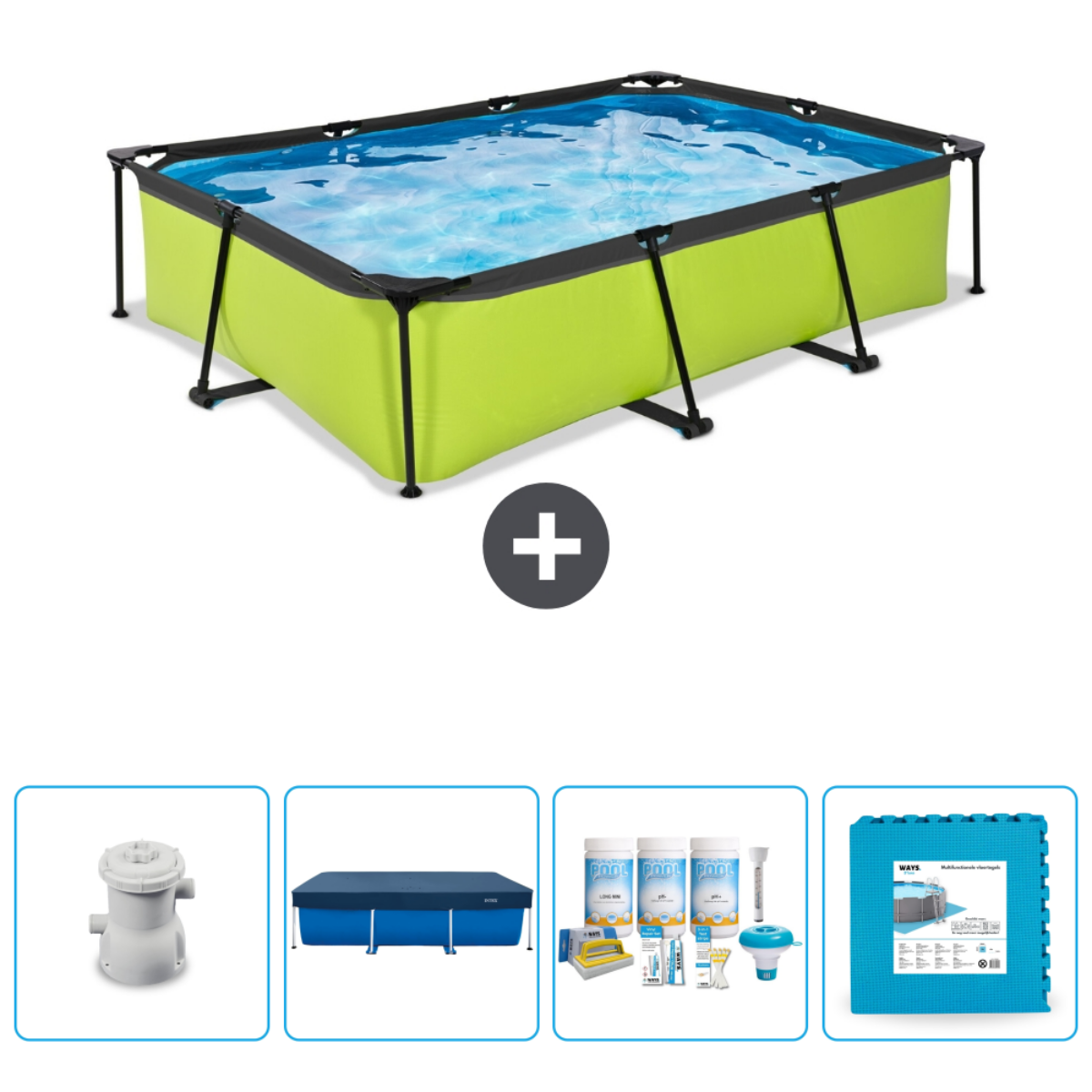 Piscine avec accessoires. Piscine verte avec accessoires.
