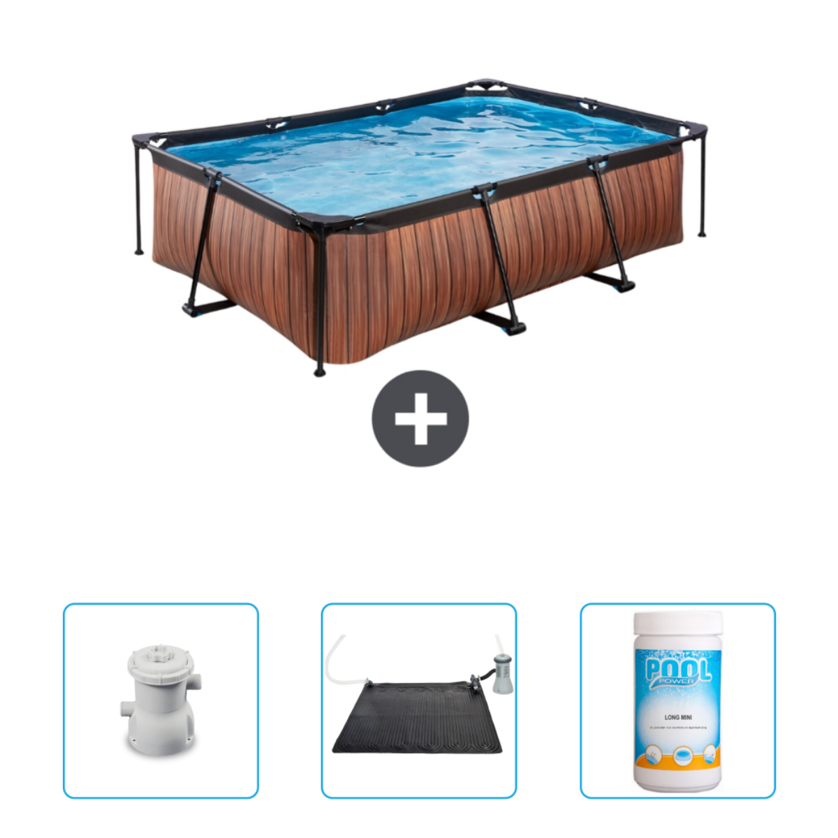 Boven, rechthoekig zwembad met houtlook zijkanten, zwart frame, blauw water. Onder, zwembadonderdelen.