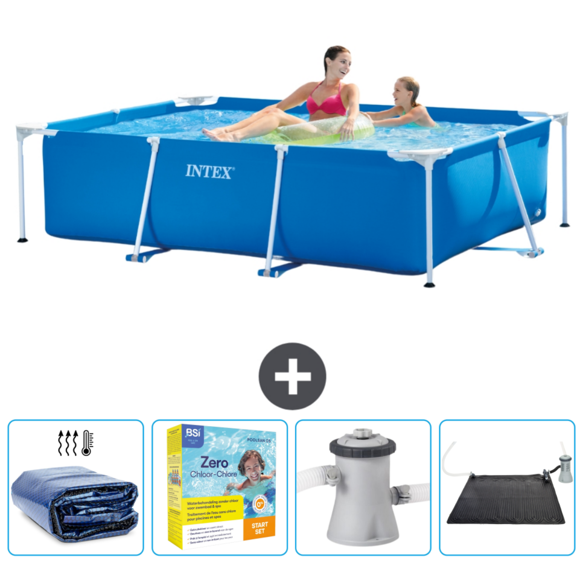 Deux femmes dans la piscine. Piscine bleue. Accessoires incluent couverture, filtre et produits chimiques.