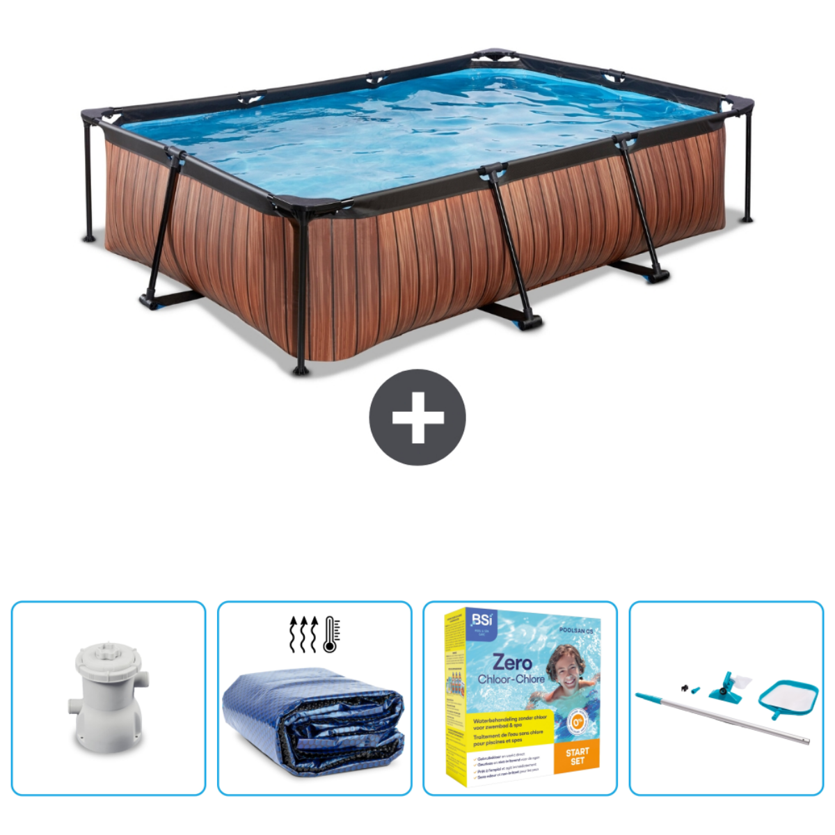 Rechthoekig zwembad met houten zijkanten en zwart frame. Onder, zwembadonderdelen inclusief een afdekzeil.