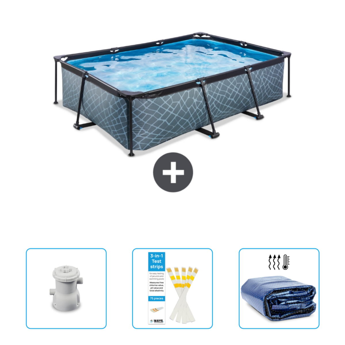 Piscine rectangulaire avec des gens nageant. Accessoires : pompe, bandelettes de test 3 en 1, et couverture.