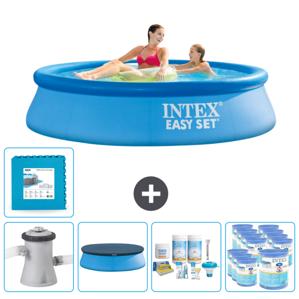 Des gens dans une piscine ronde bleue. Les accessoires comprennent un coussin, un filtre et des produits chimiques.