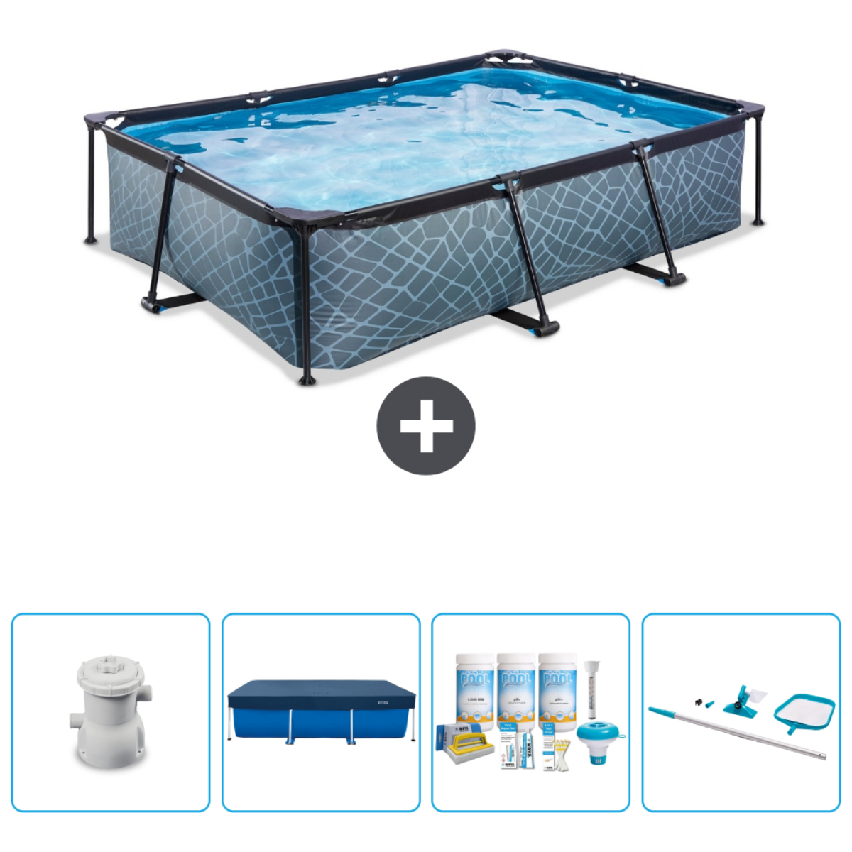Een rechthoekig zwembad met accessoires: filter, afdekzeil, chemicaliën en schoonmaakgereedschap.