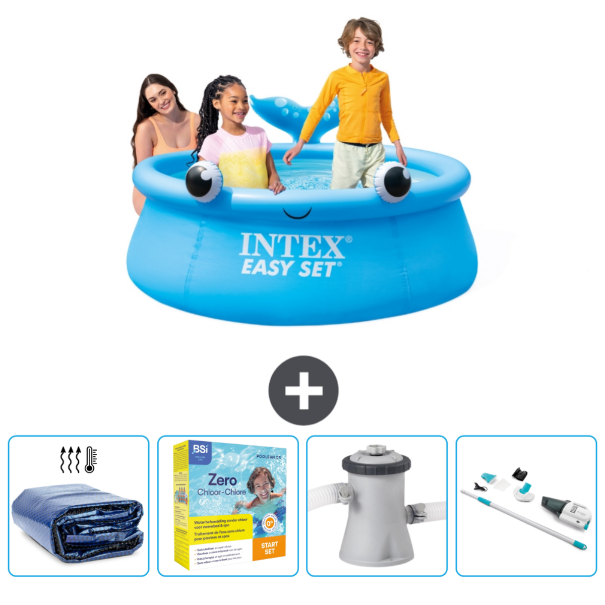 Blue Intex Easy Set pool with three people. Accessories include cover, chemicals, filter and tools.
