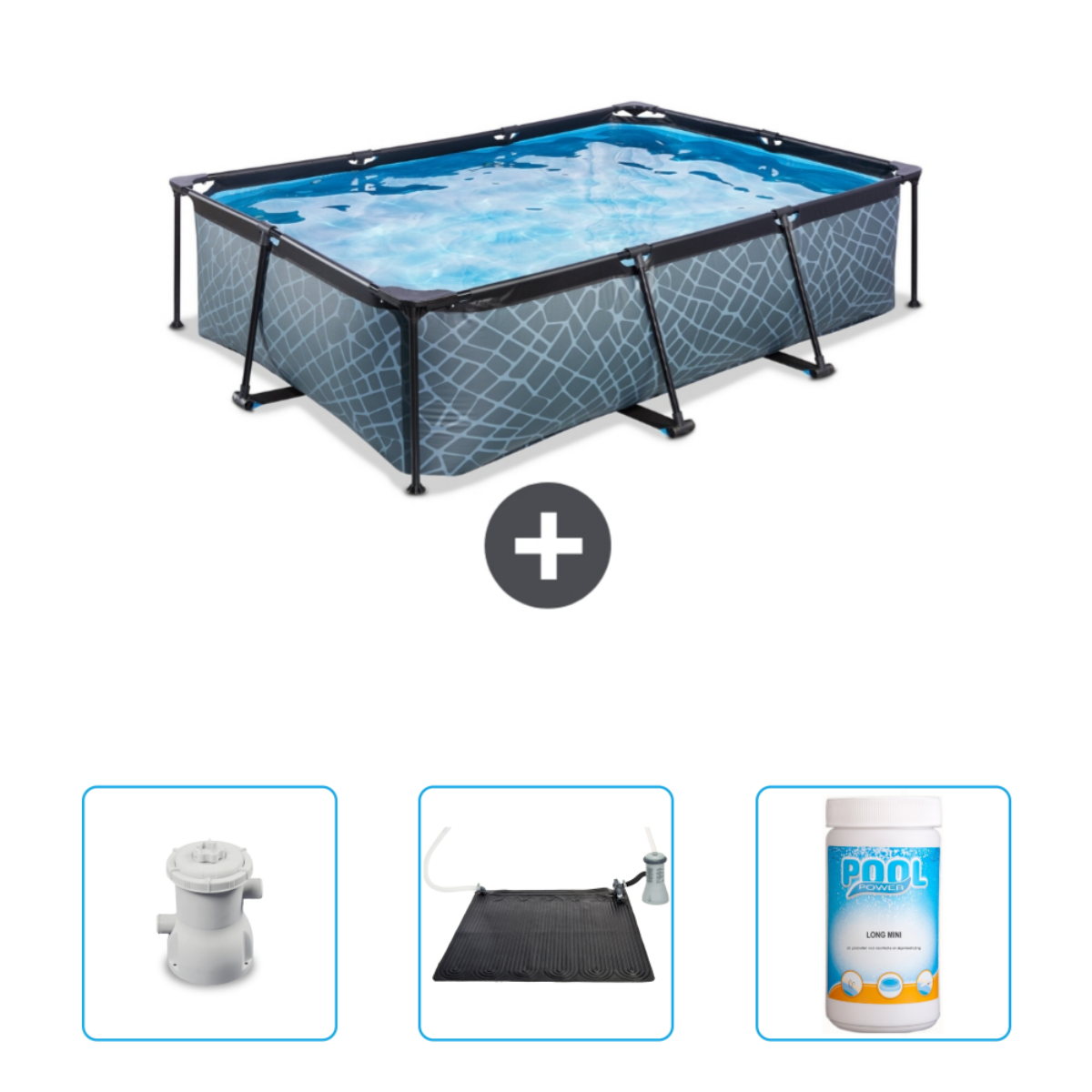 Rechthoekig zwembad met zwemmende mensen. Accessoires: pomp, zonnemat en chemicaliën.